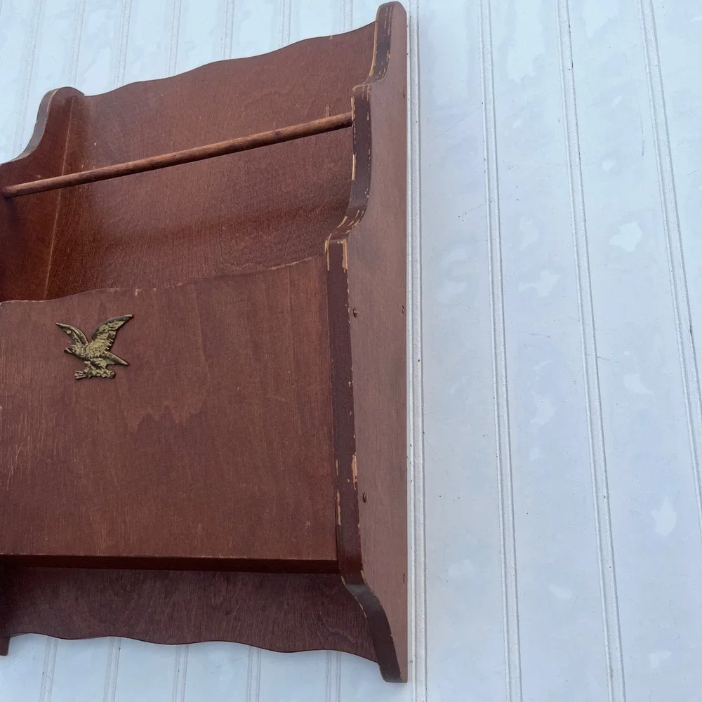 Vintage Wood Wall Mail Organizer Towel Rack Brass Eagle Emblem Brown Americana